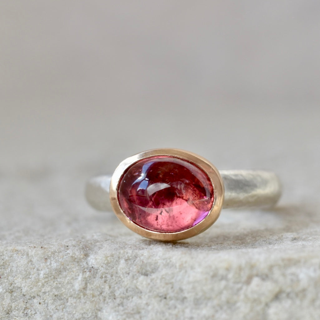Pink Tourmaline Gold/Silver Ring UK Size L