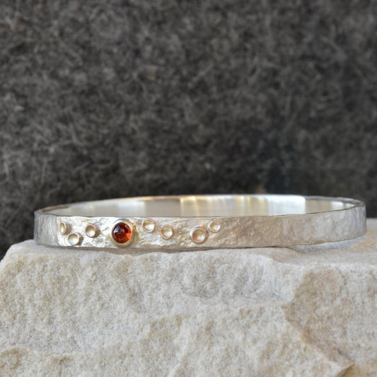 Textured Silver Bangle with Garnet & 9ct Gold