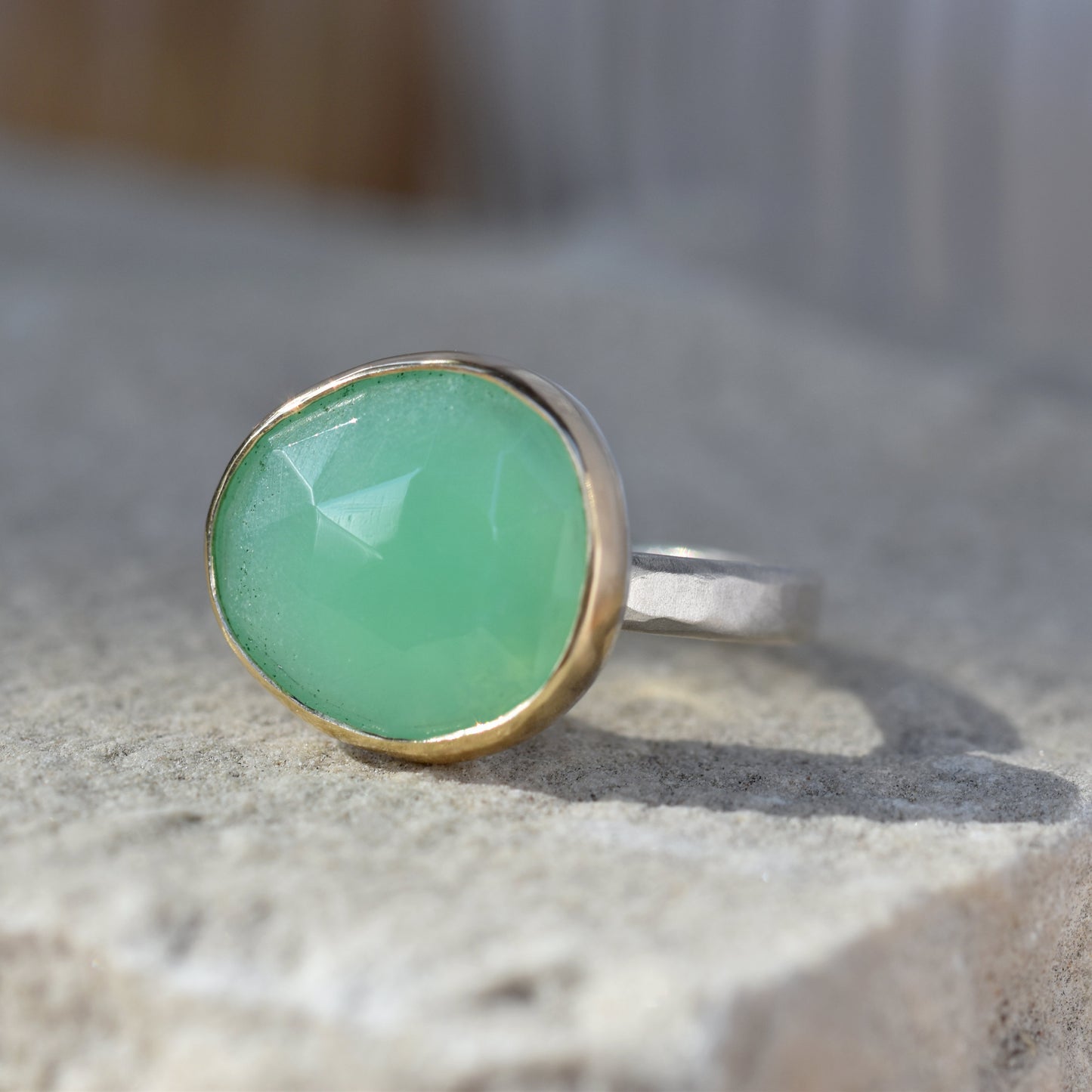 Chrysoprase Gold/Silver Ring UK Size N & Half