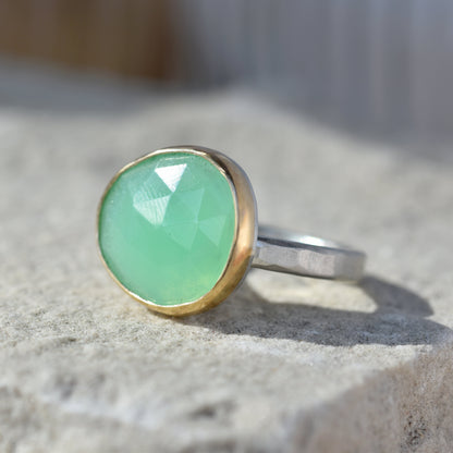 Chrysoprase Gold/Silver Ring UK Size N & Half