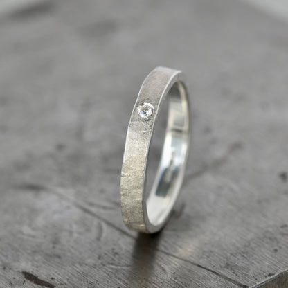 Rustic Silver Ring with 2mm Moissanite Size UK P.5