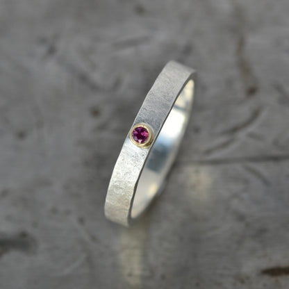 Rustic Silver Ring with 2mm Pink Tourmaline Size UK O