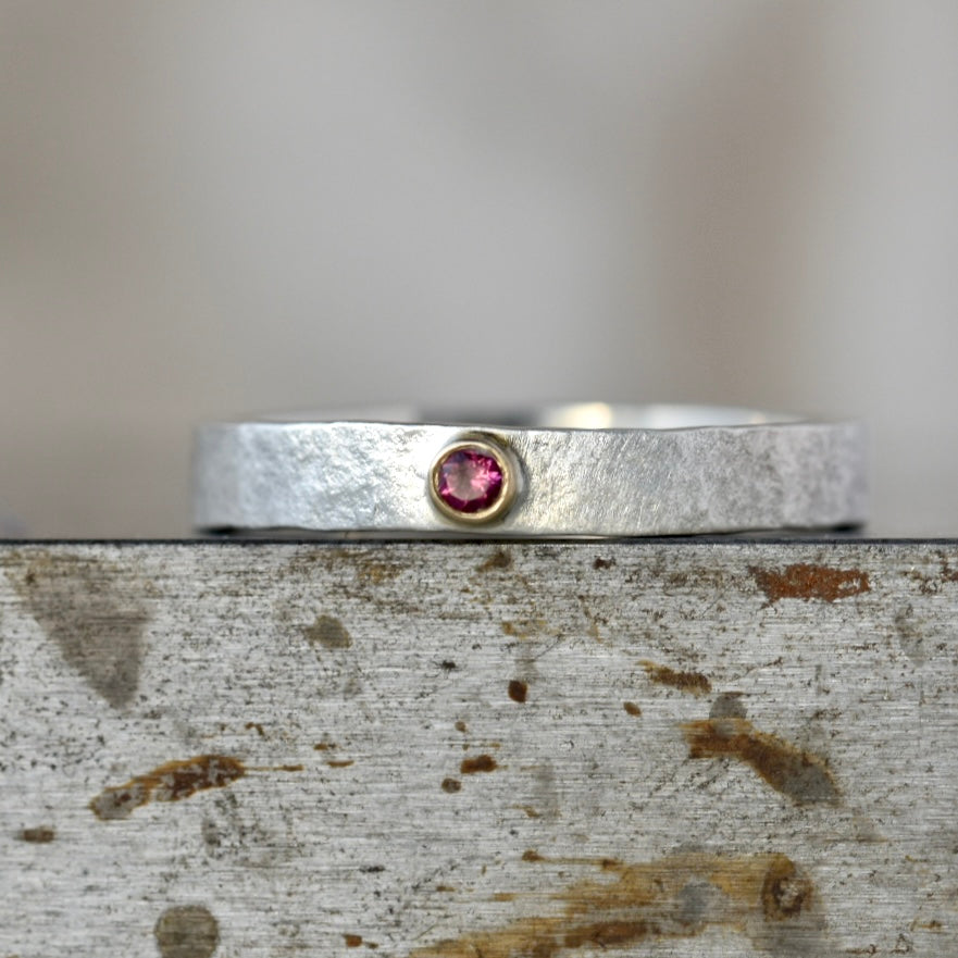 Rustic Silver Ring with 2mm Pink Tourmaline Size UK O