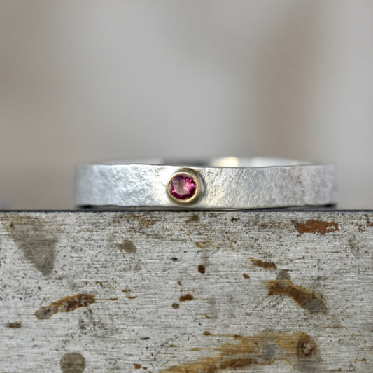 Rustic Silver Ring with 2mm Pink Tourmaline Size UK O