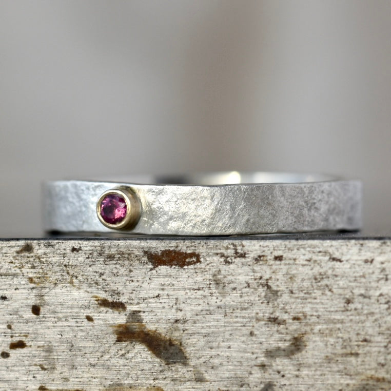 Rustic Silver Ring with 2mm Pink Tourmaline Size UK O