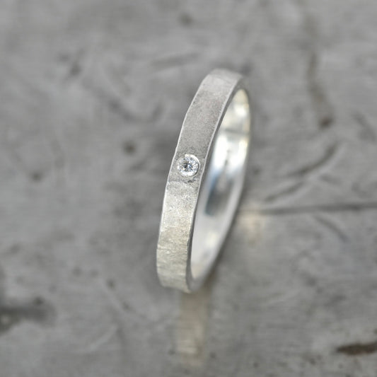 Rustic Silver Ring with 2mm Moissanite Size UK P.5