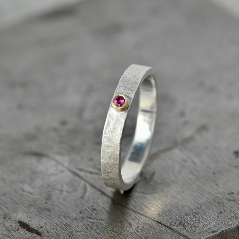 Rustic Silver Ring with 2mm Pink Tourmaline Size UK O