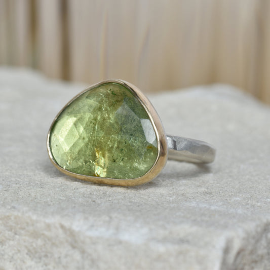 Green Tourmaline Gold/Silver Ring UK Size O & Half