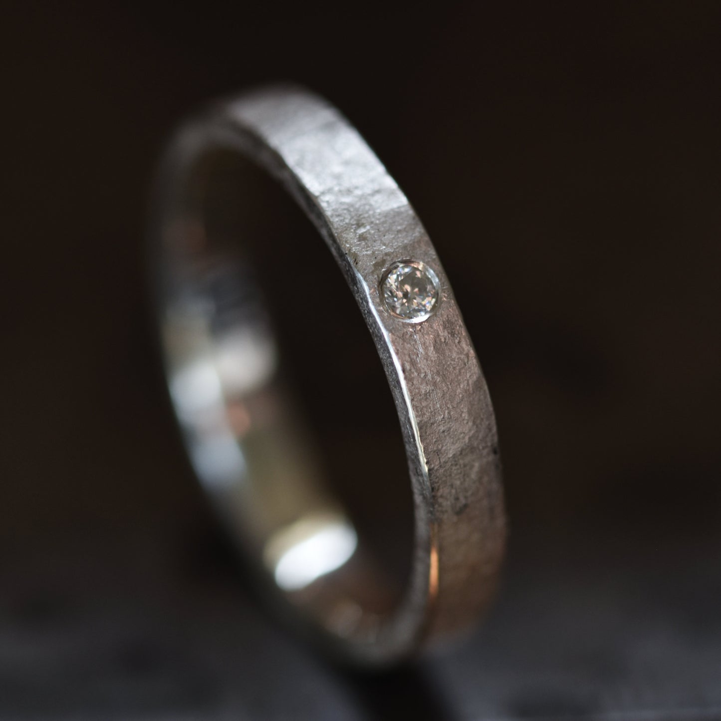 Rustic Silver Ring with 2mm Moissanite Size UK P.5