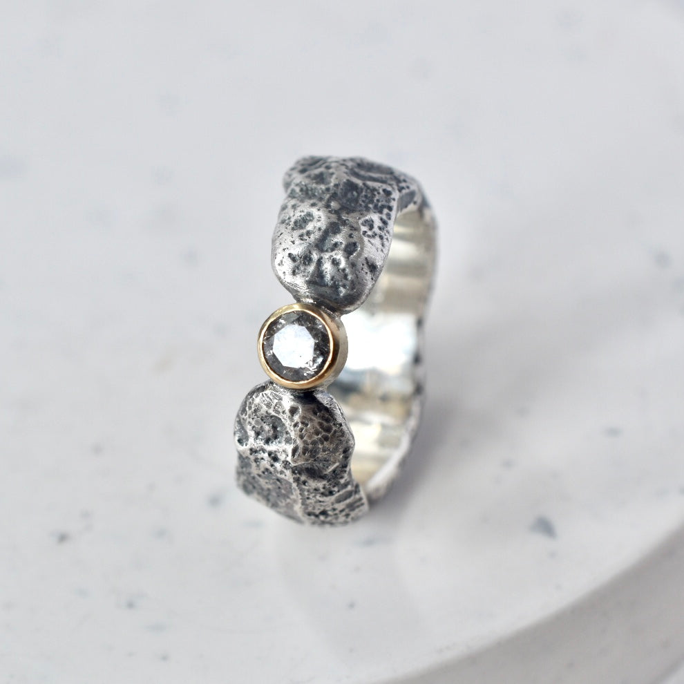 Salt & Pepper Diamond Sandcast Silver Ring - Paisley Pins