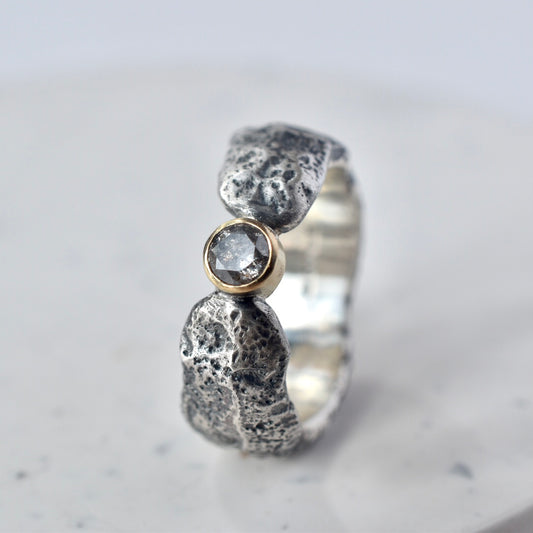 Salt & Pepper Diamond Sandcast Silver Ring - Paisley Pins