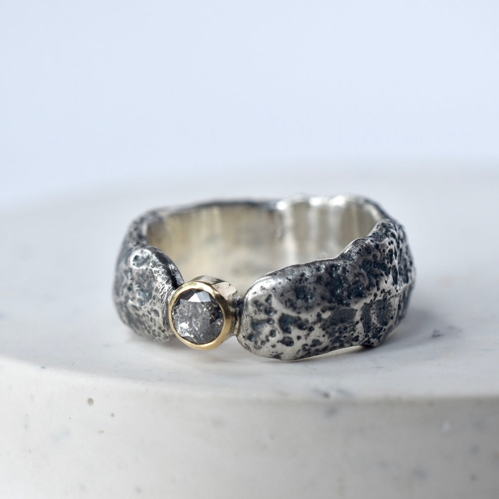 Salt & Pepper Diamond Sandcast Silver Ring - Paisley Pins