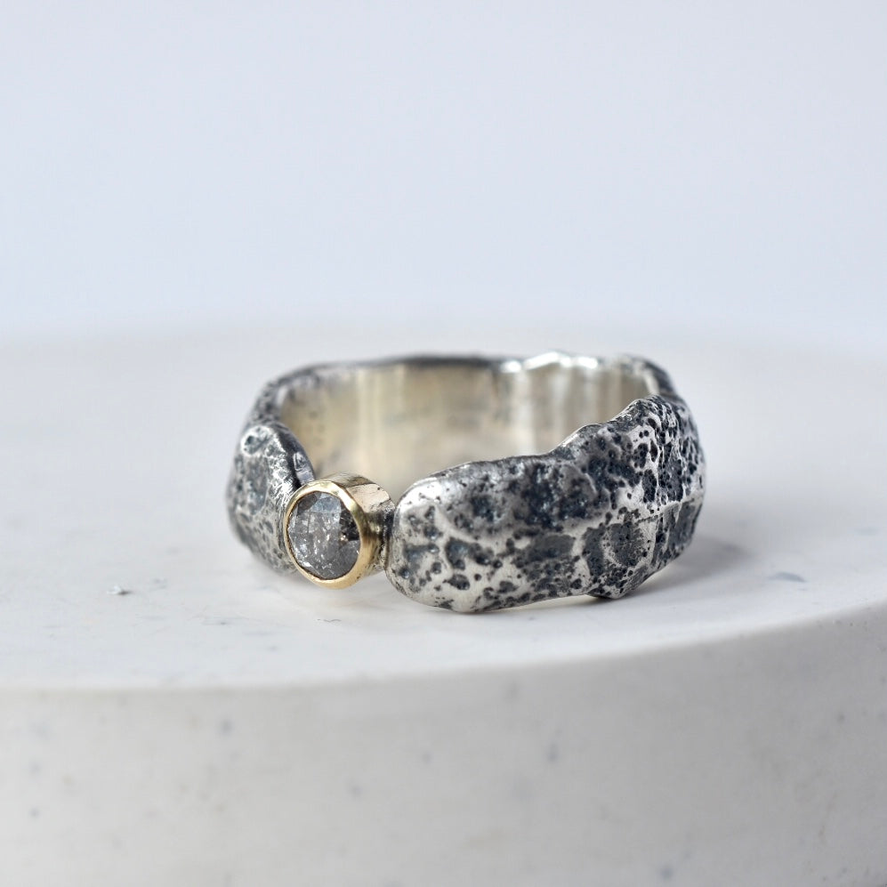 Salt & Pepper Diamond Sandcast Silver Ring - Paisley Pins