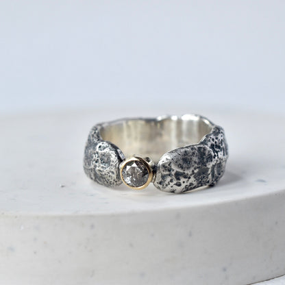 Salt & Pepper Diamond Sandcast Silver Ring - Paisley Pins